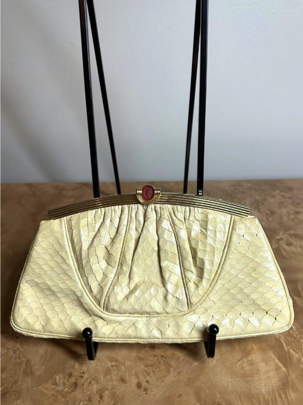 Judith Leiber Vintage Cream Snakeskin Clutch Evening Bag Red Cameo Clasp